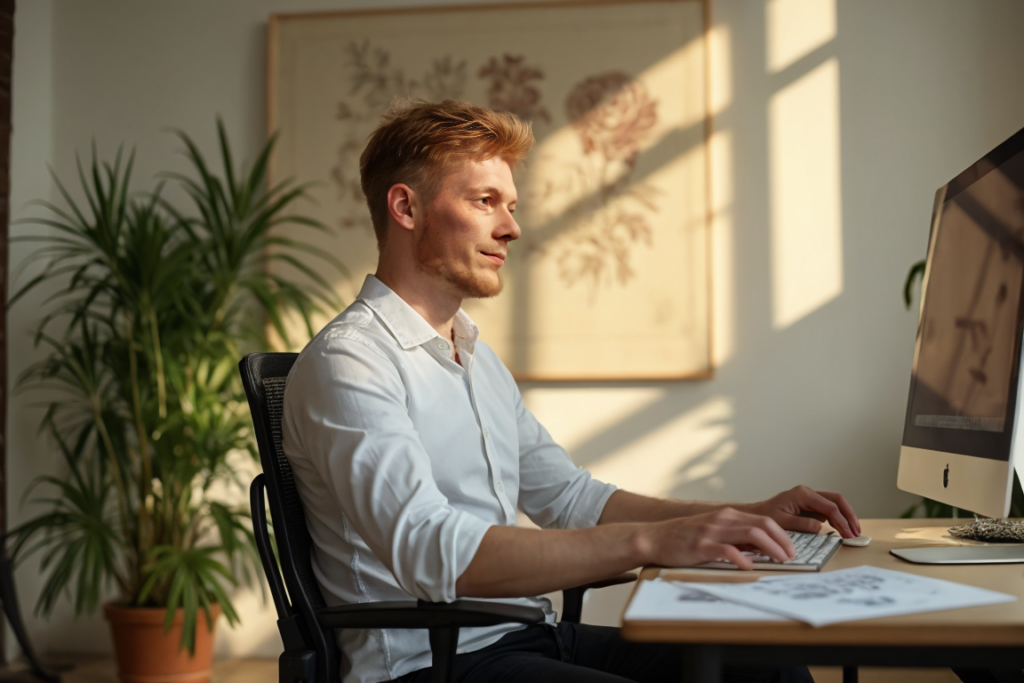 Chris sits at a desk building out a streamlined website for a real estate professional client.