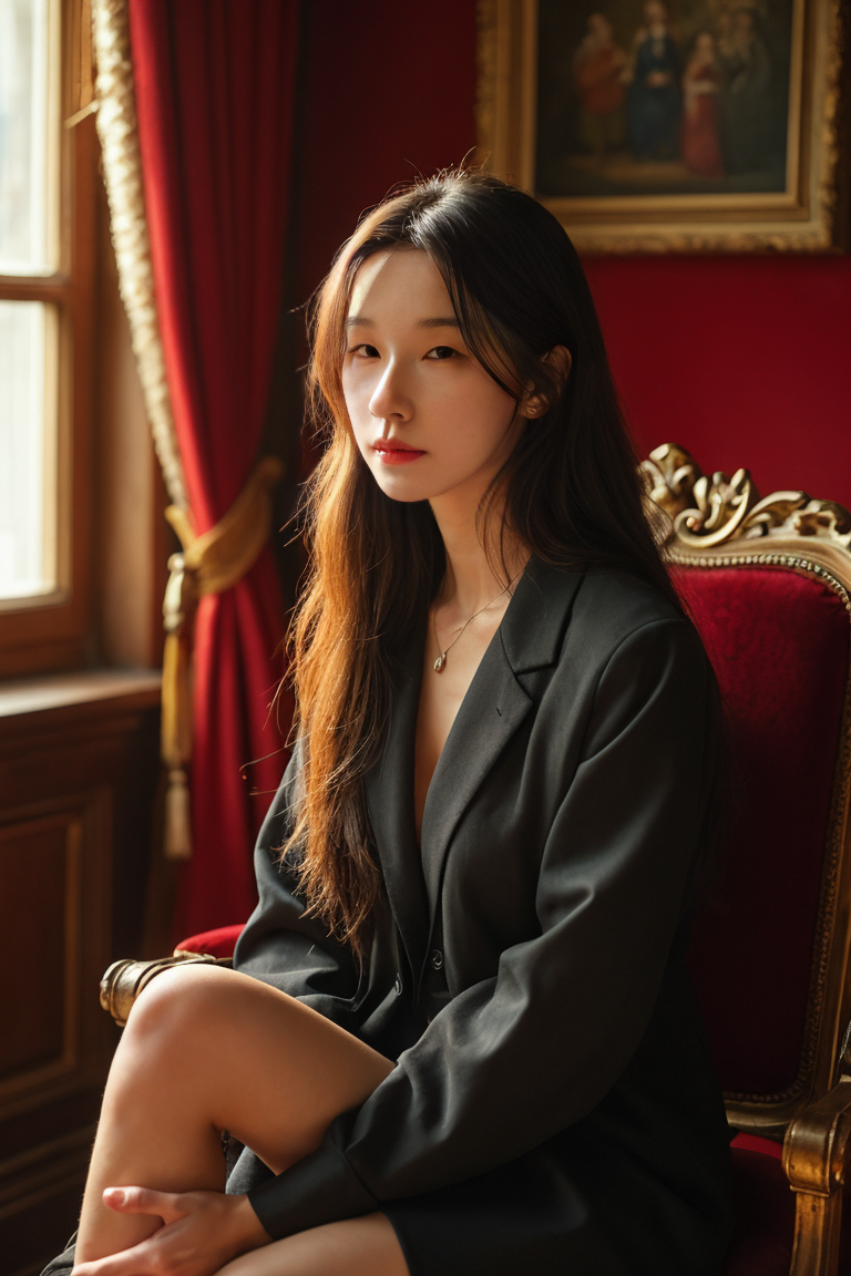Heejung poses in a chair in a drawing room for a photo shoot