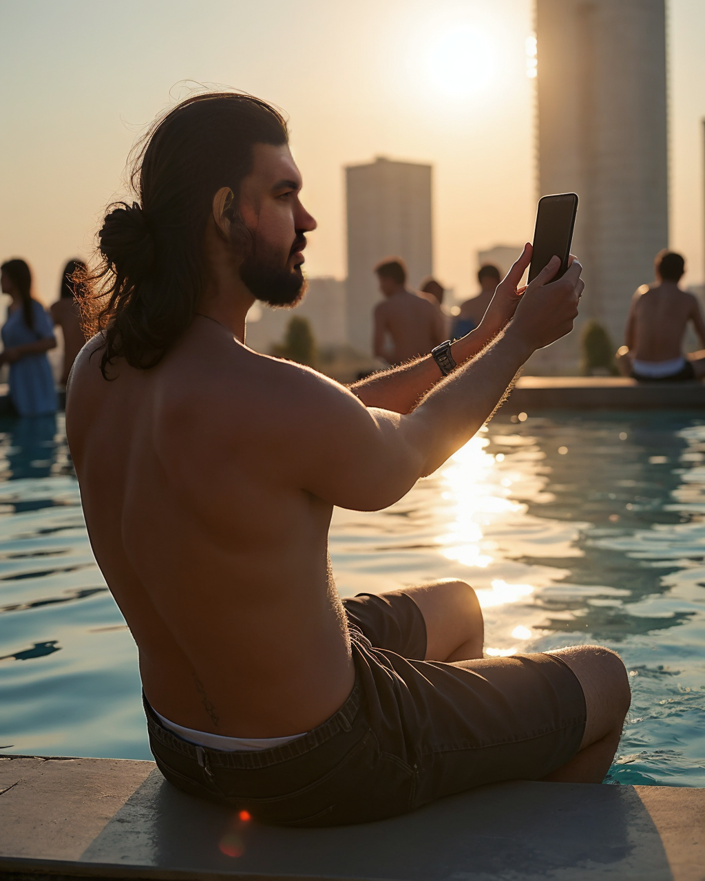 Vladslav relaxes by the infinity pool taking a selfie to post on social media.